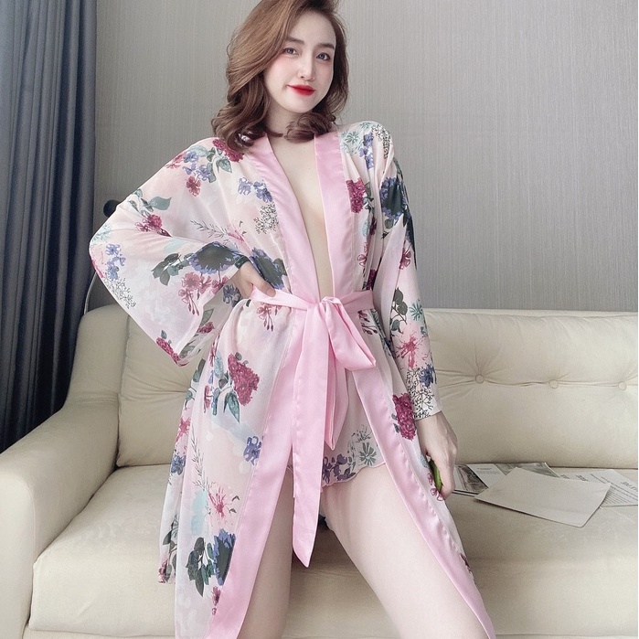 Áo choàng ngủ nữ ❣️❣️FREE SHIP❣️❣️ Áo choàng Voan phối satin kèm quần