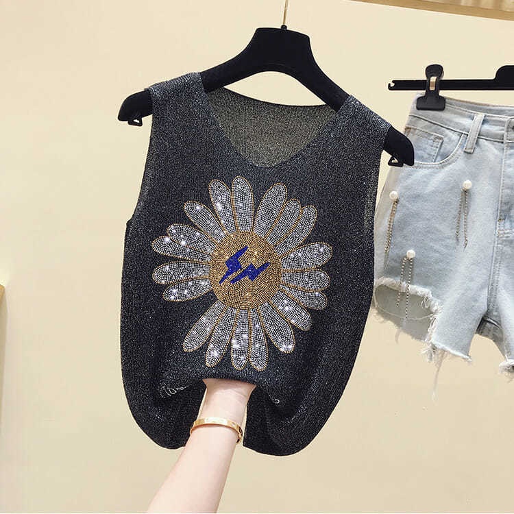 [Zhelihangfei] Áo Sát Nách Dệt Kim Họa Tiết Hoa Cúc Đính Kim Cương Giả