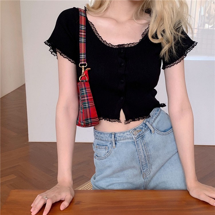 Xiaozhainv Áo croptop dệt kim ngắn tay phong cách gợi cảm cho nữ