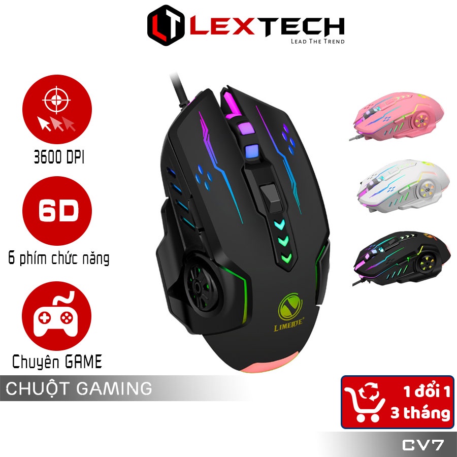 Chuột gaming máy tính có dây Lextech CV7 3600 DPI LED nhiều màu chuyên game, sử dụng cho laptop máy tính bàn