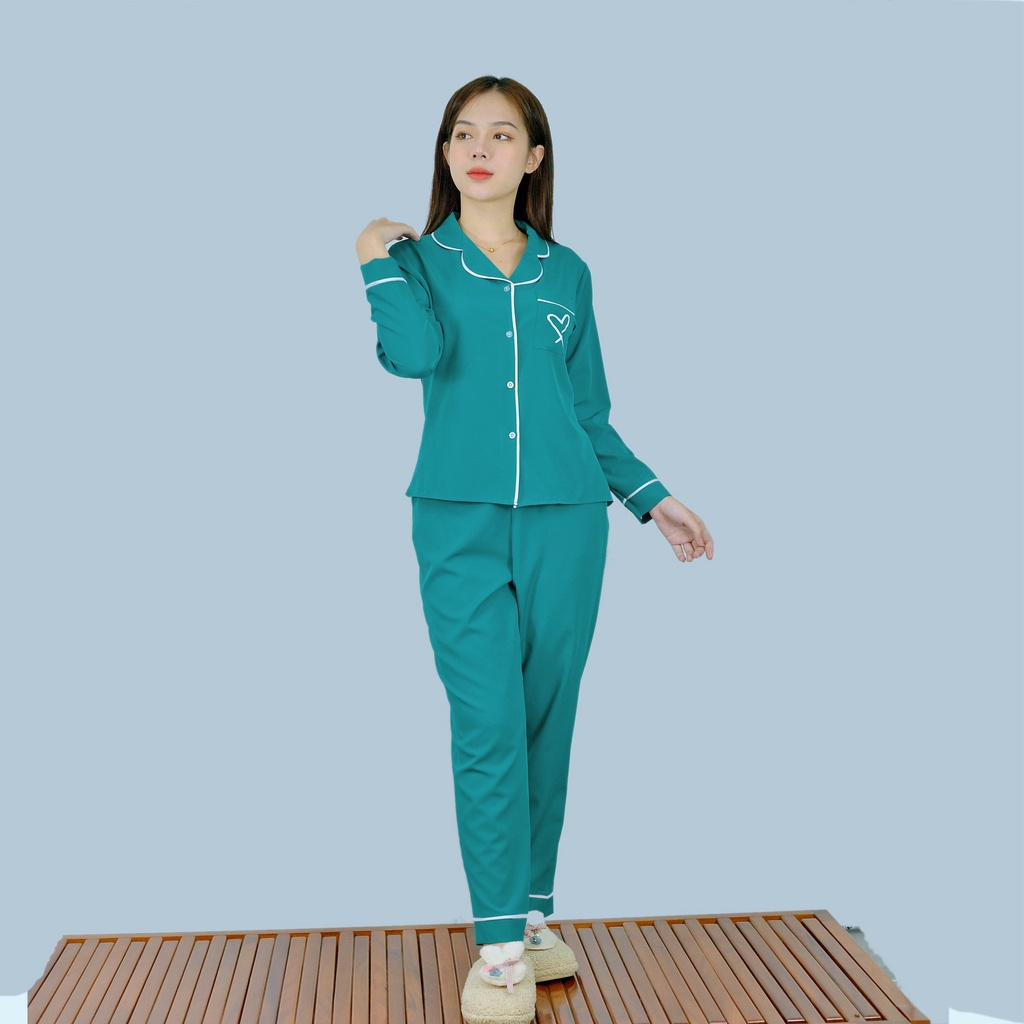 Bộ PIJIMA Nữ màu XANH ĐẬM Chất Lụa Cao Cấp - Quần dài tay dài điểm nhấn in trái tim túi  - Nhẹ nhàng - Sang trọng