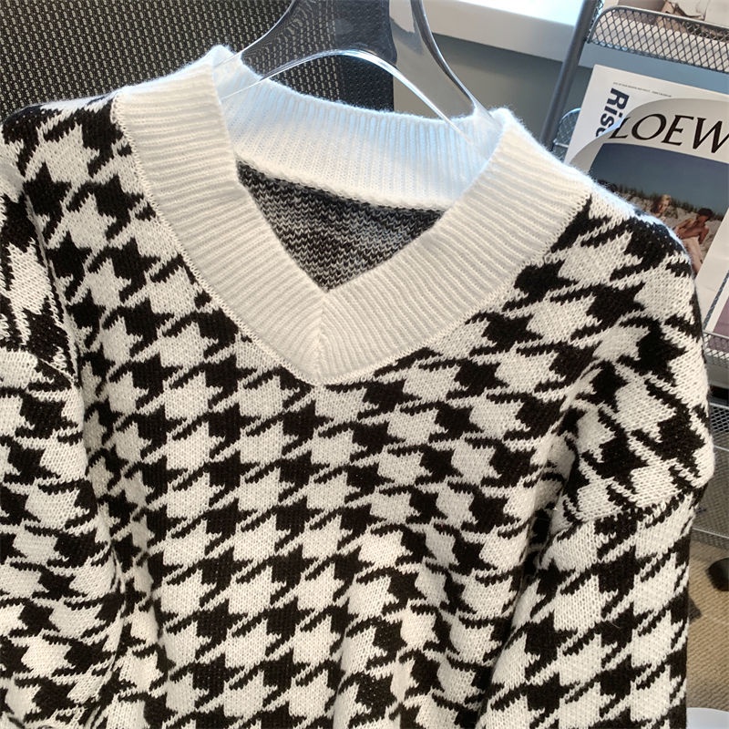 Áo Sweater Dệt Kim Dày Dặn Dáng Rộng In Họa Tiết Houndstooth Kiểu Retro Thời Trang Mùa Thu Cho Nữ