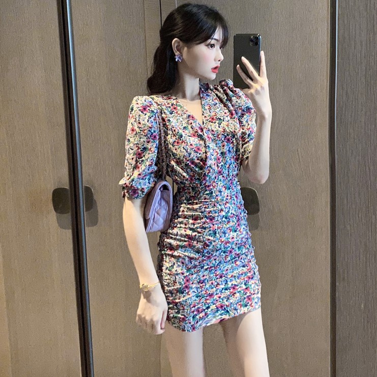 Đầm dáng ôm mini hoa nhí tay ngắn Emilyshop