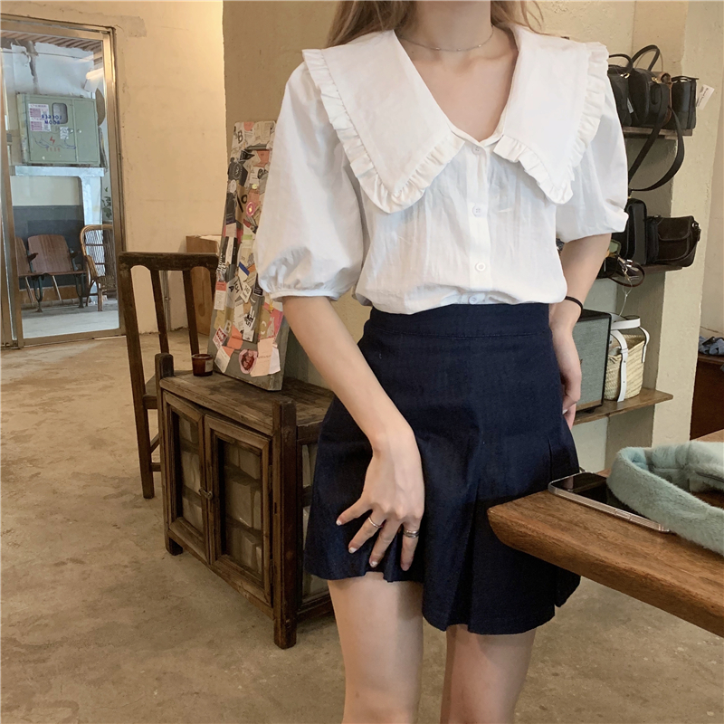 SUXI Áo Sơ Mi Tay Phồng Ngắn Cổ Búp Bê Phong Cách Pháp Mới Cho Nữ