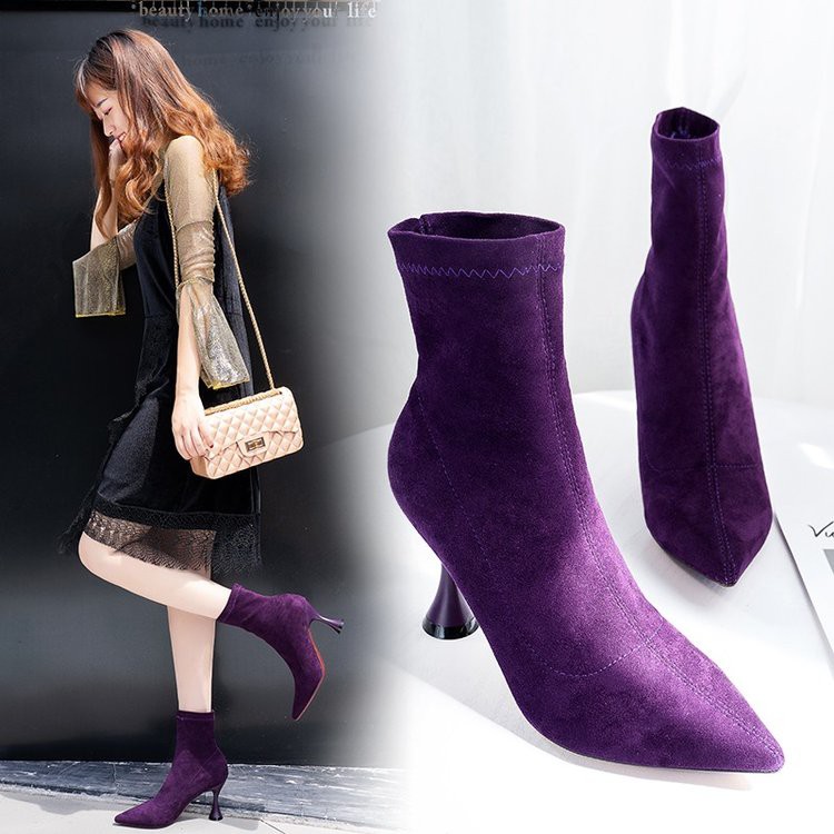 Booties women's thin with thin boots pointed head tube elastic boots socks purple Martin boots