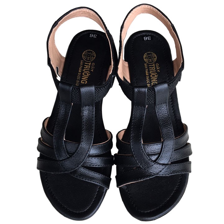 Dép quai hậu nữ đế bằng Trường Hải da bò thật màu đen đế cao 2.5cm SDN746