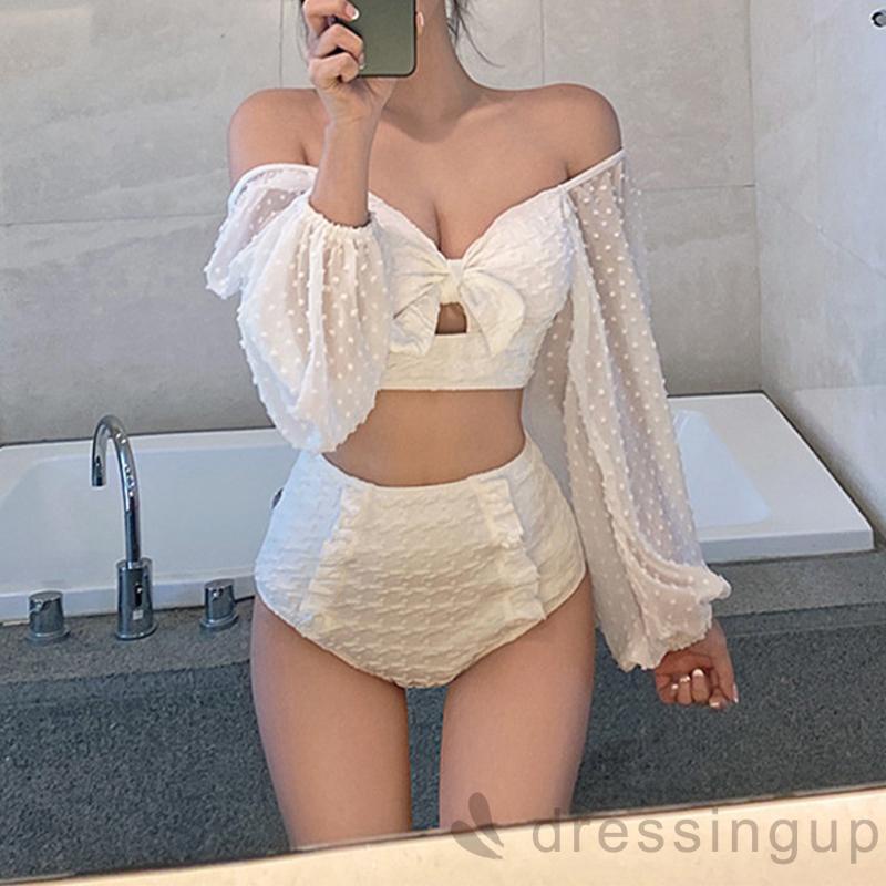 Bộ Đồ 2 Món Gồm Áo Trễ Vai Màu Trắng + Quần Lưng Cao Nhún Bèo Thời Trang Cho Nữ