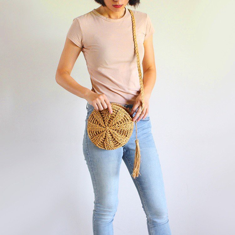 [NowShip - Giao Ngay] Túi Cói Boho Vintage Đeo Vai, Đeo Chéo Hình Tròn Dây Da Màu Nâu Be Trơn