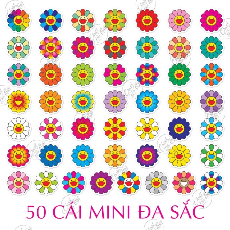 Bộ 50 sticker mini hình dán chủ đề hoa mặt trời hoa cầu vòng Kaikai kiki vui nhộn chống nước dán điện thoại NT 58