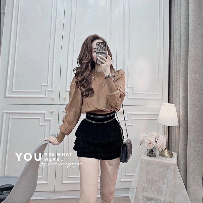 Quần short nhung tầng giả váy, Quần giả váy cạp cao QS99 - NhiNhi Shop