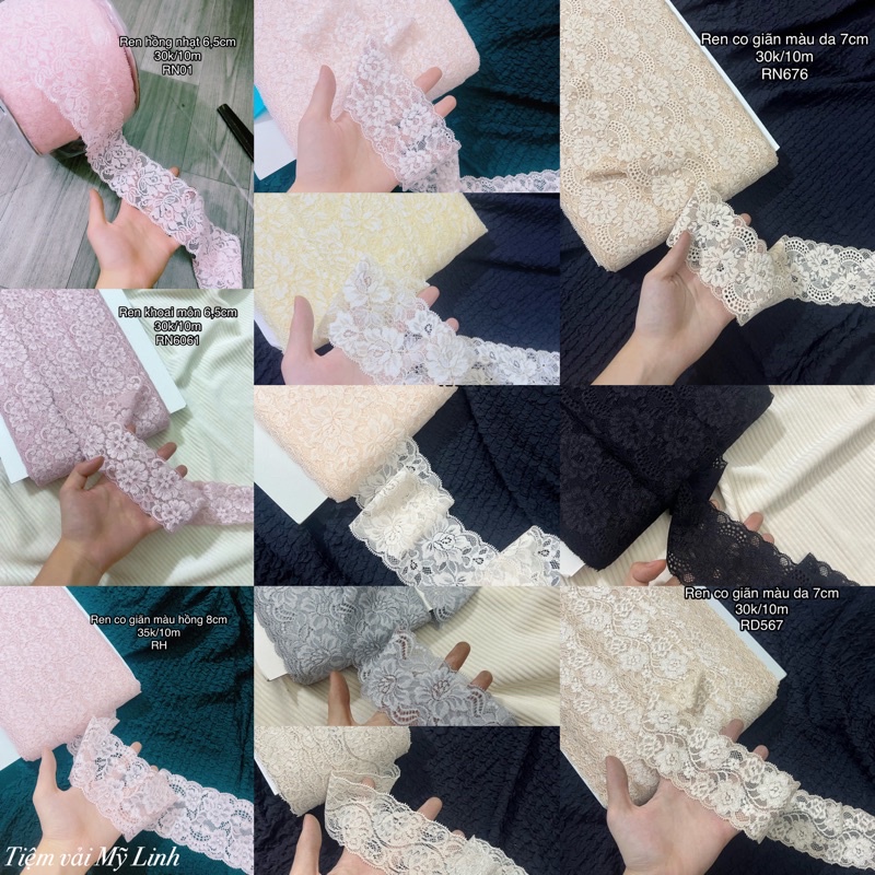 Ren thun co giãn dùng trang trí váy áo may chip nội y, đồ ngủ, trang trí váy áo 6-8cm