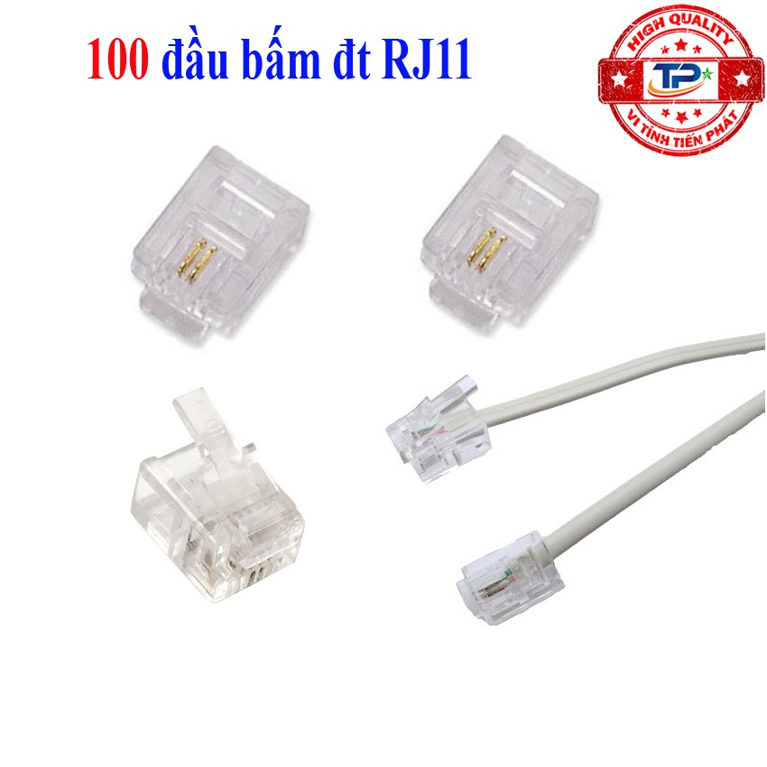 Hộp 100 hạt đầu cáp điện thoại RJ11 nhựa 2 chân ( 2 line tim ) - Dùng hạt bấm cho dây cáp điện thoại bàn