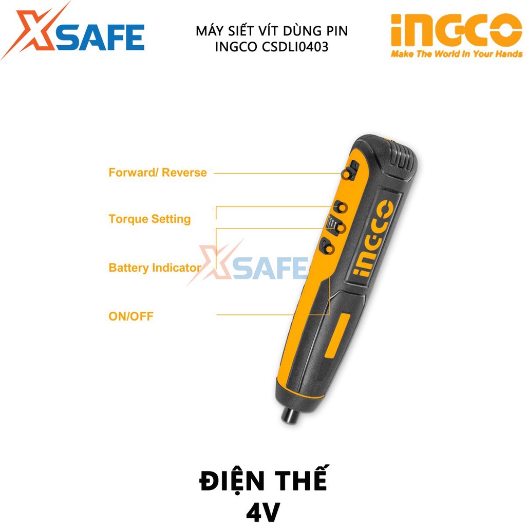 Máy bắn vít mini dùng pin 4V INGCO CSDLI0403 đầu lục giác 1/4&quot;, tốc độ 240v/p, lực mô men quay tối đa 4n.m, tích hợp đèn