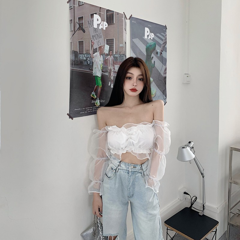 Áo trễ vai tay dài bong bóng lưới hở xương quai xanh sexy gợi cảm quyến rủ hở rốn bụng ulzzang ( 2 màu )