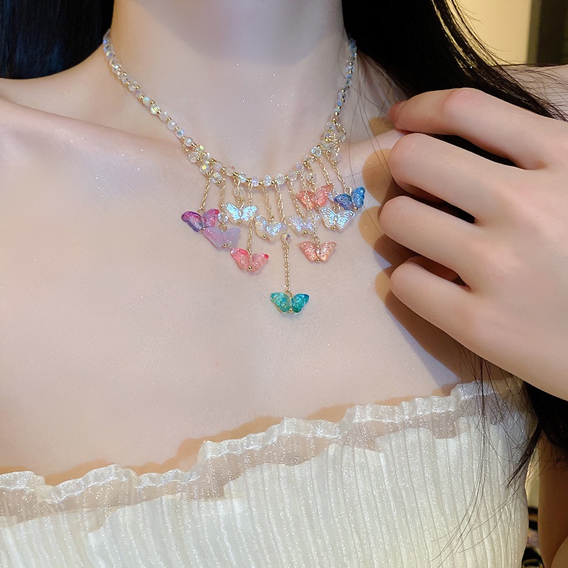 Vòng Cổ Chuỗi Hạt Pha Lê Hình Bướm Màu Sáng Thời Trang Cá Tính