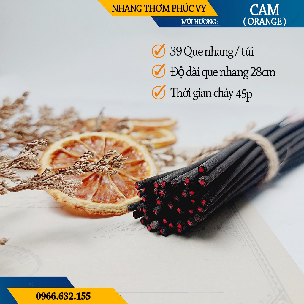 Nhang Thơm Phúc Vy Hương Cam Orange - Túi 39 Cây 28cm, Ít Khói, Thơm Nhẹ, Dễ Chịu, Không kích mũi