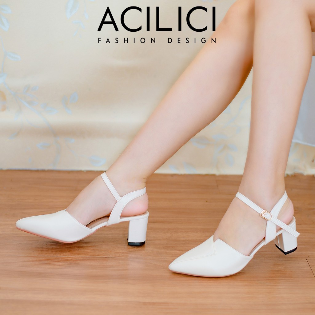 Giày sandal ACILICI nữ, giày cao gót  mũi nhọn đế vuông cao 5p fom chuẩn size 35-40 màu kem_TC01