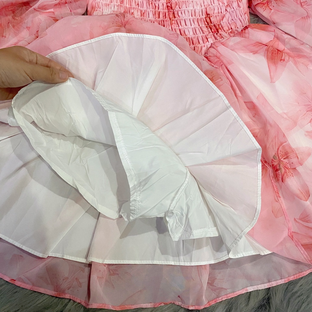 Đầm xòe 2 dây rớt vai bèo tầng, voan tơ 3 lớp, váy nữ hoa 2d bo chun