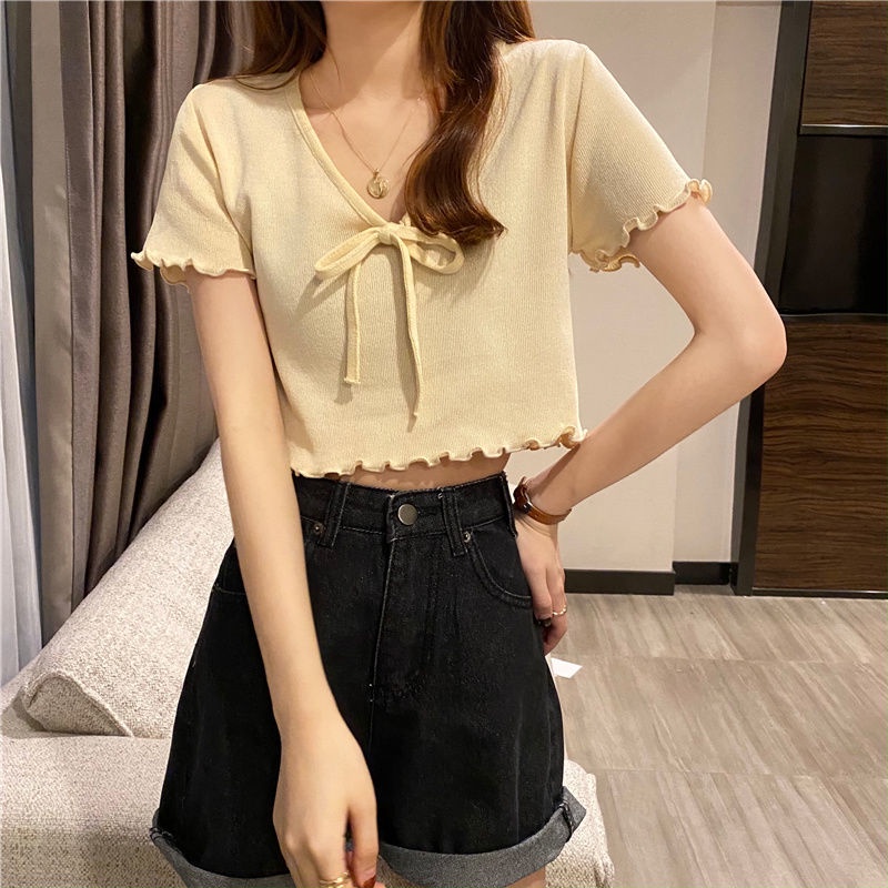 Áo Croptop Tay Ngắn Phối Nơ Màu Xanh Dương JL-TX-279