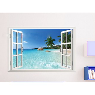Decal dán tường hình cửa sổ bãi biển