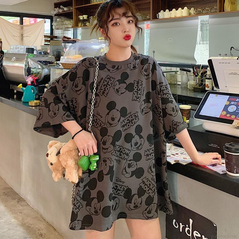 Áo thun dáng dài rộng tay ngắn in họa tiết hoạt hình phong cách Hàn Quốc cho nữ