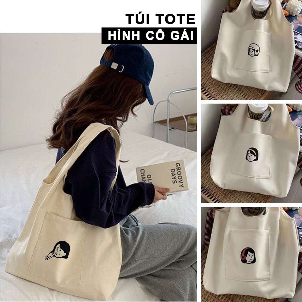 Túi tote vải canvas nữ đựng vừa laptop cỡ lớn đeo vai phong cách Nhật Bản