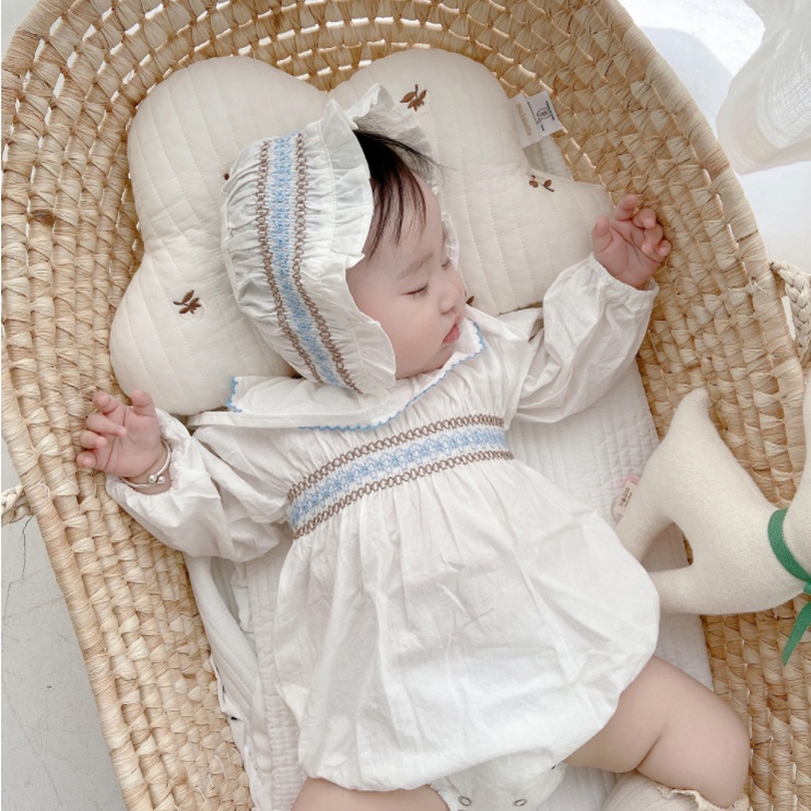 Bộ Áo Liền Quần Tay Dài Thêu Họa Tiết + Mũ Dễ Thương Cho Bé Gái Sơ Sinh