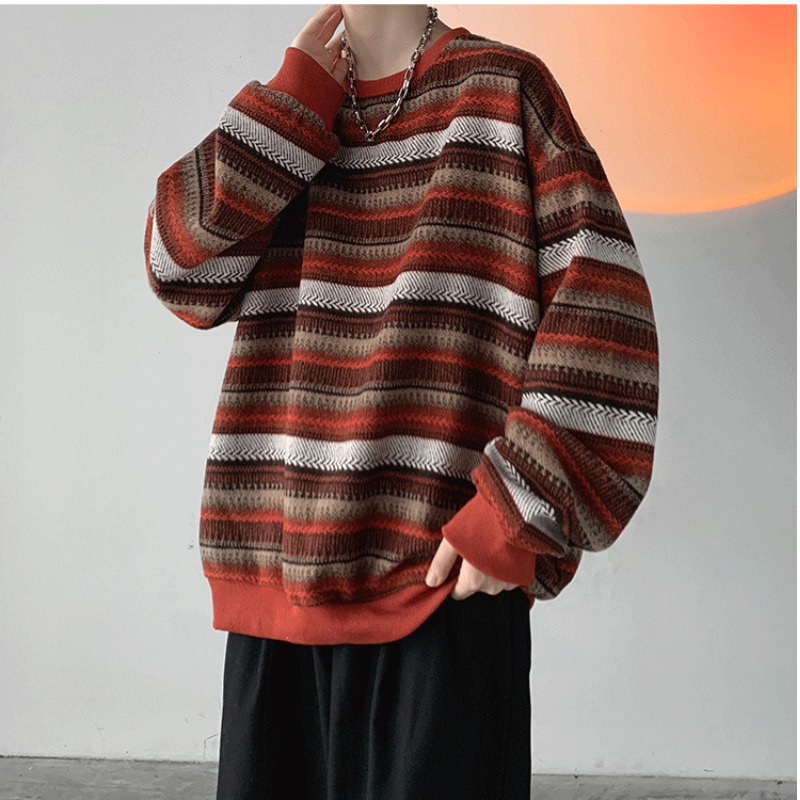 Áo Sweater Tay Dài Cổ Tròn Dáng Rộng Họa Tiết Kẻ Sọc Màu Tương Phản Phong Cách Nhật Bản Cổ Điển Thời Trang Cho Nam Size M-5XL