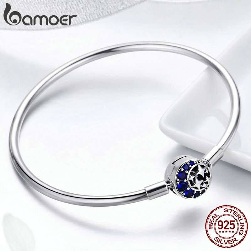 Vòng tay bạc BAMOER SCB080 bạc S925 đính đá CZ hình mặt trăng và ngôi sao thời trang cho nữ