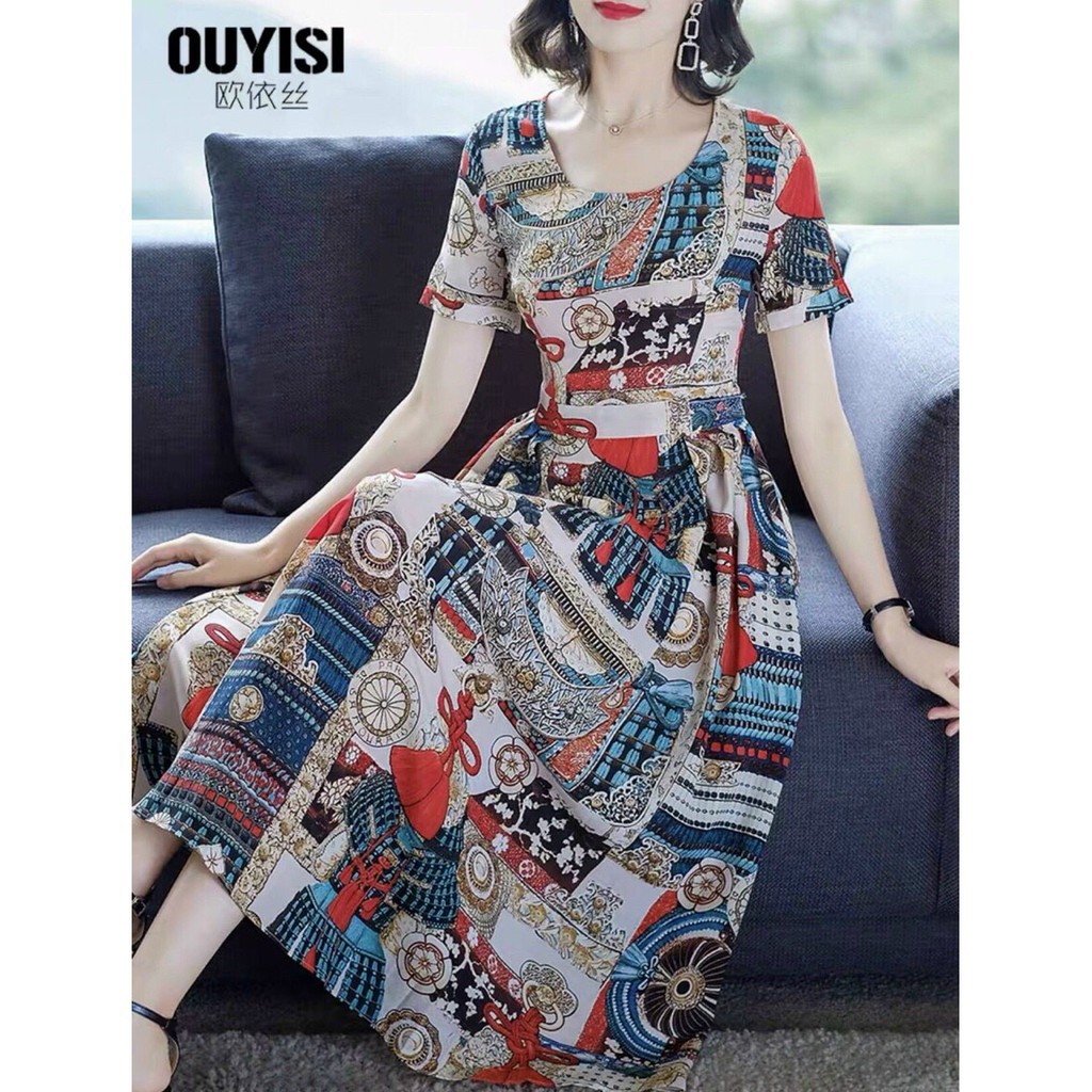 Đầm Xoè Vintage Hoạ Tiết Cổ Tròn| Váy Đầm Dáng Xòe Xinh Xắn | BigBuy360 - bigbuy360.vn