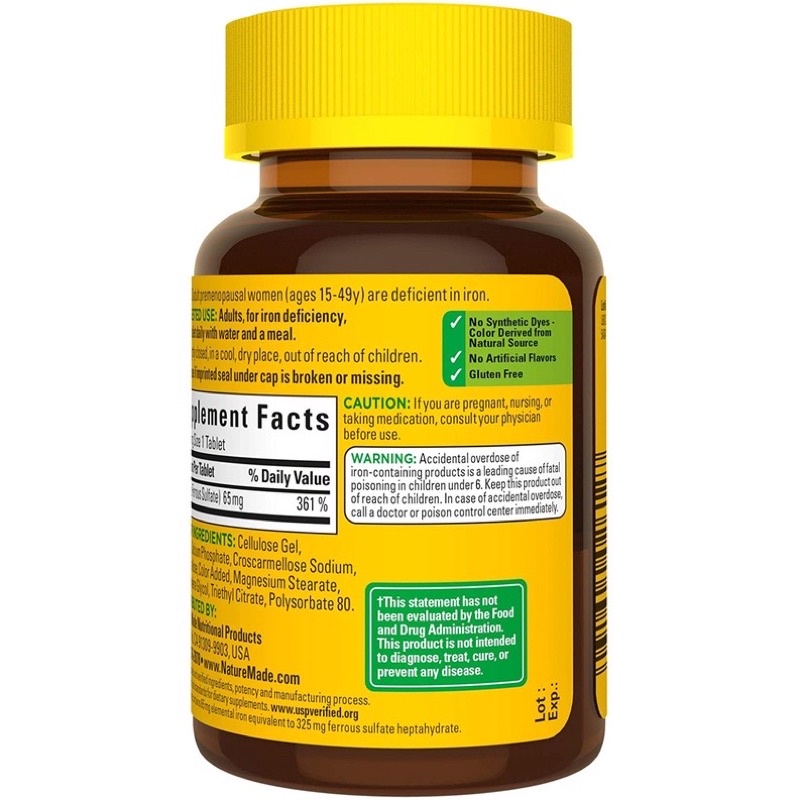 [CHÍNH HÃNG] Viên Uống Nature Made Iron (Sắt) 65mg Hộp 365 viên