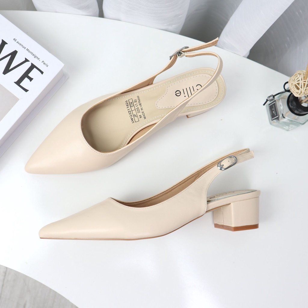 Giày sandal cao gót slingback nữ mũi nhọn thanh lịch đế vuông 3cm vừa phải đi học đi chơi đi làm Cillie 1173