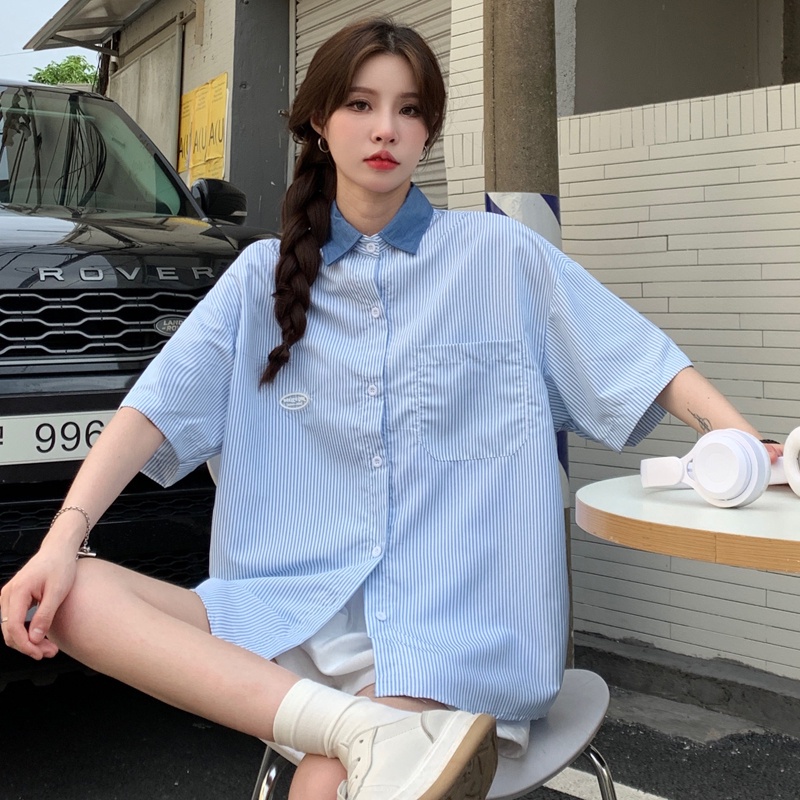Áo Sơ Mi Tay Ngắn Họa Tiết Sọc Thời Trang Sành Điệu Cho Nữ