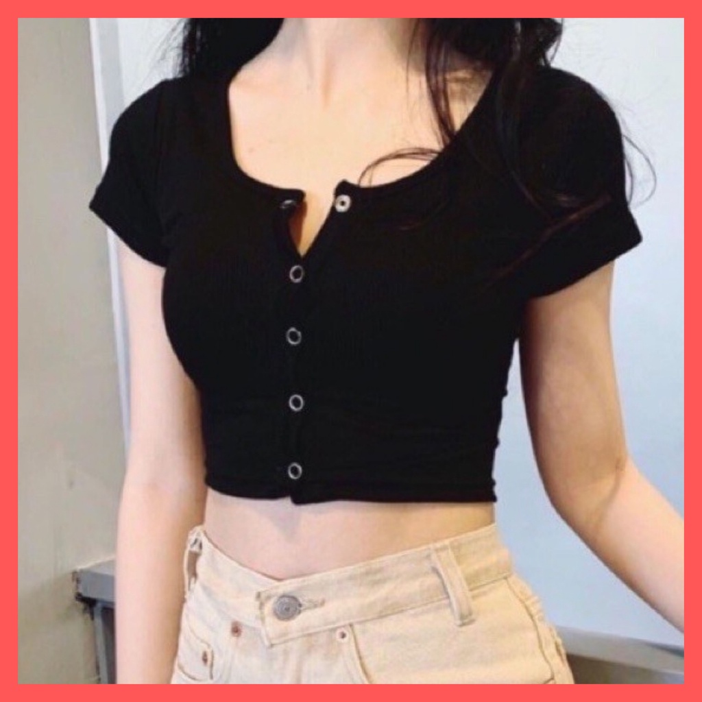 Áo Croptop nữ Tay ngắn ôm body khóa cúc, croptop ngắn tay ,Croptop Nữ Tay ngắn Ulzzang tôn dáng