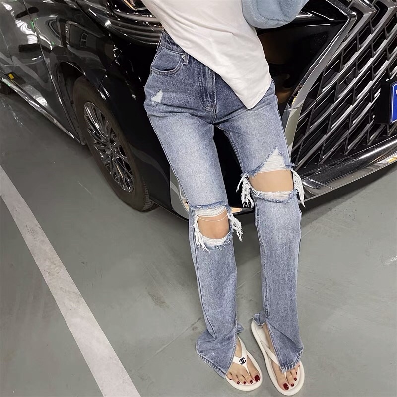 Quần bò jeans ống rộng xẻ gối tua rua xẻ vạt Ulzzang cá tính siêu chất ❤️