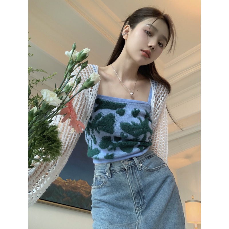 Hàng Mới Nhất Áo cardigan Dệt Kim Mỏng + Áo Hai Dây Dáng Ngắn Cho Nữ