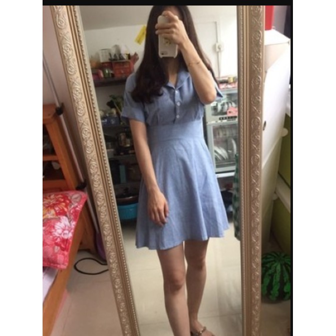 Đầm sơ mi sọc xanh linen