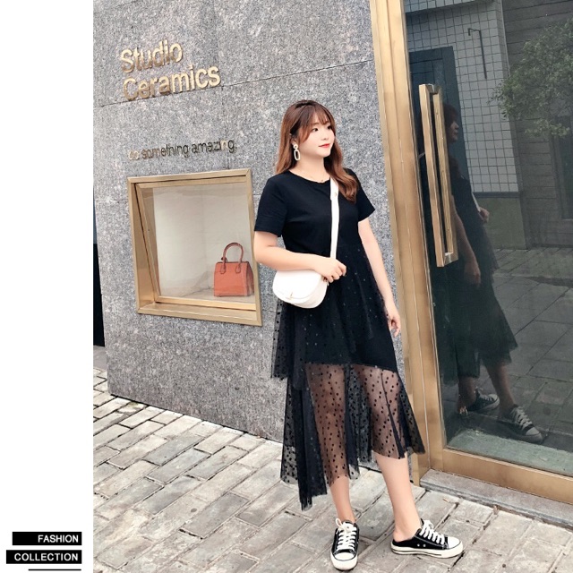 Đầm maxi big size màu đen chấm bi phối voan size lớn 70-100kg