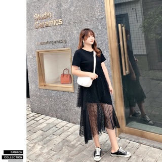 Đầm maxi big size màu đen chấm bi phối voan size lớn 70-100kg