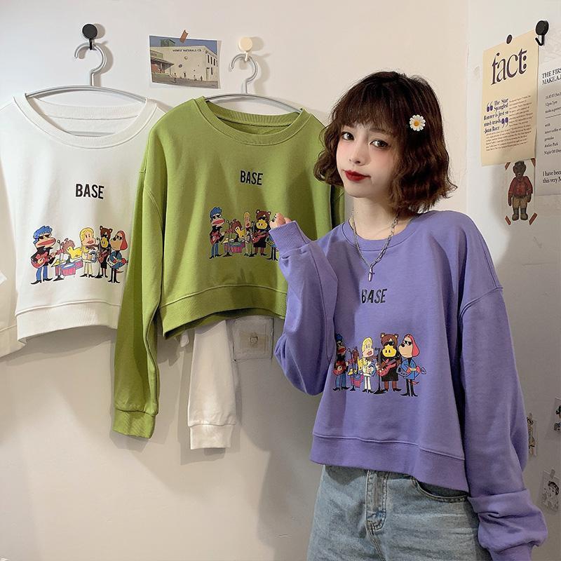 Áo croptop BH tay dài cổ tròn dáng rộng in họa tiết phong cách Hàn Quốc