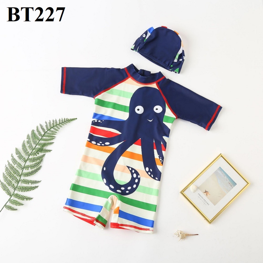 Bộ đồ bơi liền thân họa tiết khủng long, bạch tuộc kèm nón bơi cho bé trai BT127