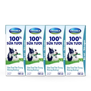 Sữa tươi tiệt trùng Vinamilk 100% Không Đường - Lốc 4 Hộp x 180ml( giá bán trừ khuyến mãi)