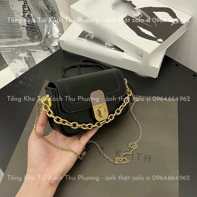 Túi đeo chéo khoá xoay size 15 kèm dây xích phong cách đơn giản cho nữ