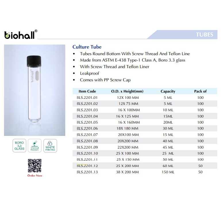 5 Ống nghiệm nắp vặn nuôi cấy, hấp môi trường Biohall Germany | Culture tube Glass A with PP screw cap