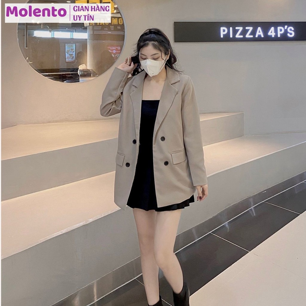 Áo Blazer Nữ Áo Vest Khoác Ngoài 2 Lớp Dài Tay Túi Nắp Dáng Rộng Phong Cách Hàn Quốc Màu Nâu Tây Be Đen Xanh Molento M77 | BigBuy360 - bigbuy360.vn