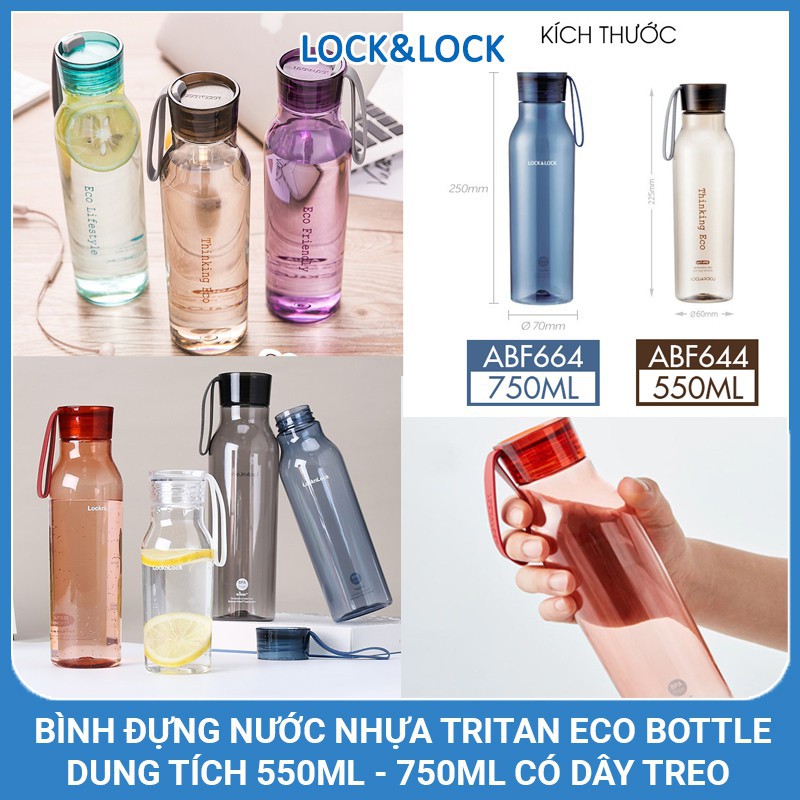 Bình Nước Nhựa Tritan Lock&Lock Eco Bottle ABF664 [750ML] ABF644 [550ML] Có Dây Treo