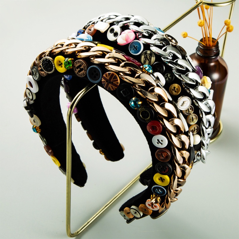 Băng Đô Cài Tóc Xốp Bọc Nhung Đính Nút Kim Loại Nhiều Màu Phong Cách Vintage