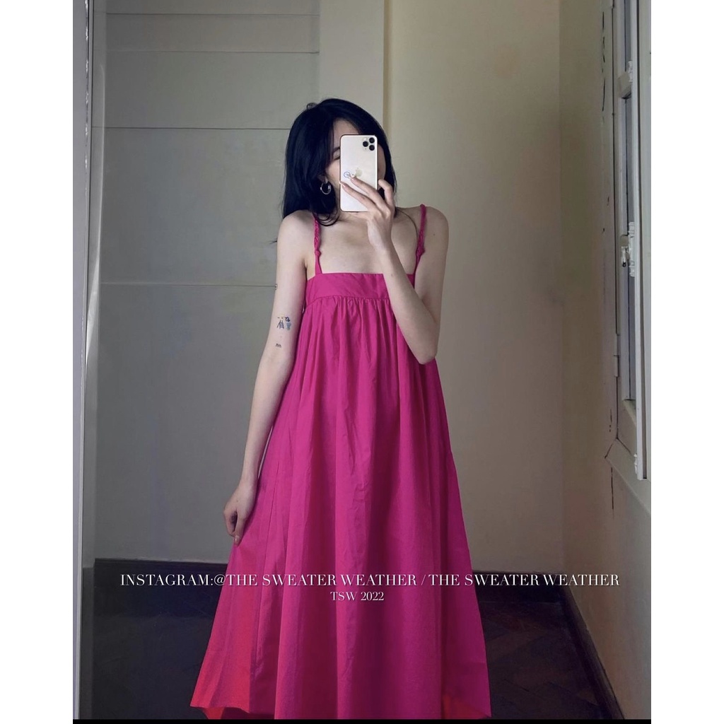 Đầm 2 dây dáng dài hở lưng trơn dây tết cách điệu nhiều màu mặc đi chơi đi biển cực đẹp