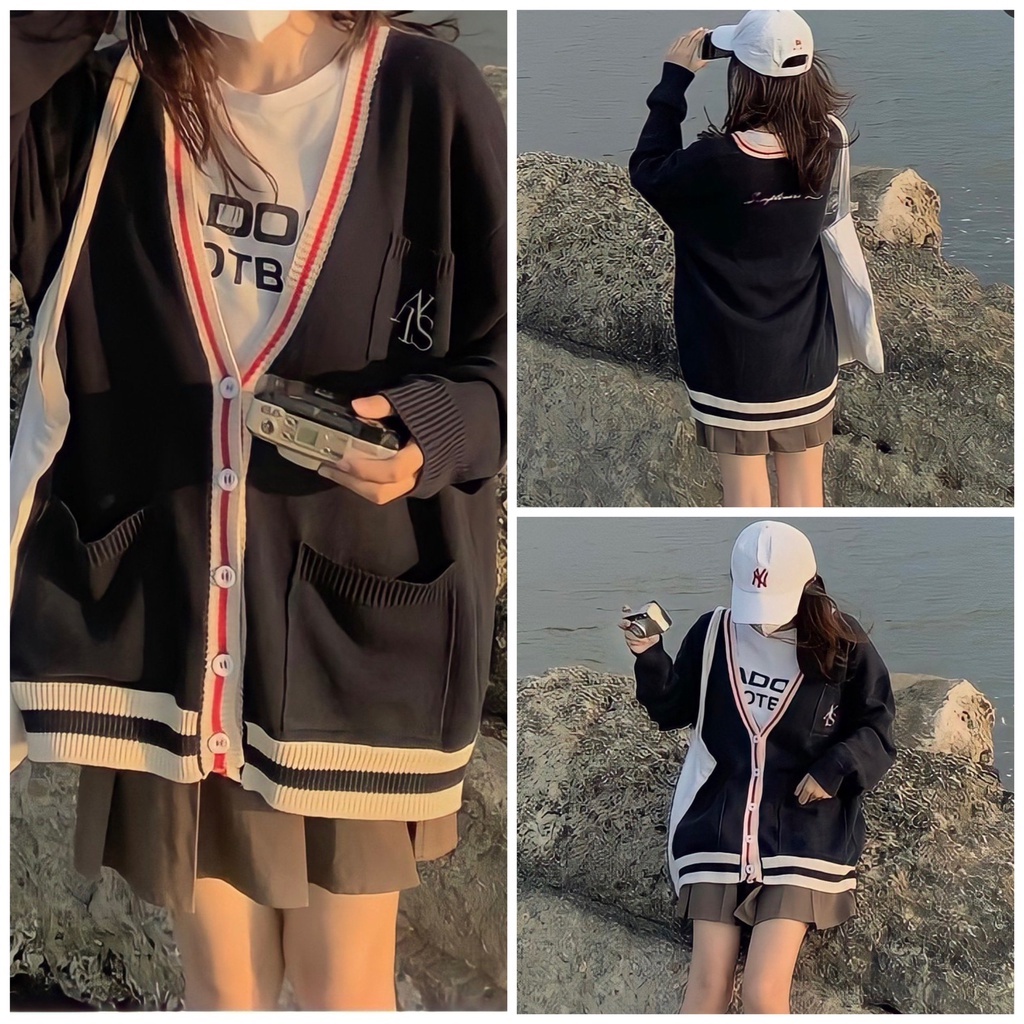 Happy-store ❤️ Cardigan len nữ dài tay dễ thương, áo len hàn quốc in AIS có,túi bo ngực happy store8668
