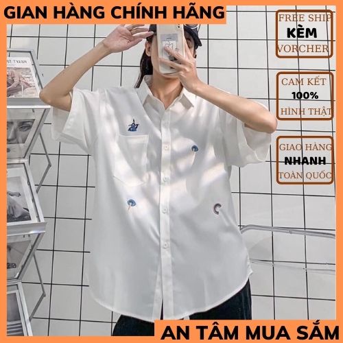 Áo sơ mi cộc tay thêu hình ngộ nghĩnh nữ áo sơ mi nữ UNISEX ,chất thô mềm chuẩn form  phong cách hàn quốc THỜITRANG1989